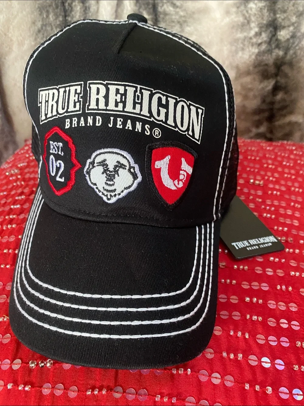 True Religion Black Embroidered Patch Logo Adjustable Hat NWT
